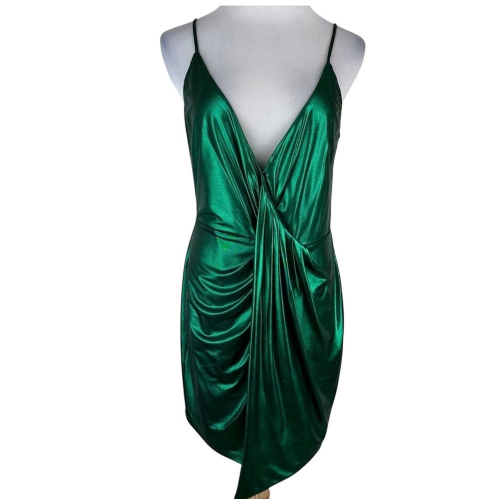 HOURS Emerald Metallic Draped Ruched Mini Dress XS Cocktail Holiday NYE Revolve - Picture 2 of 8